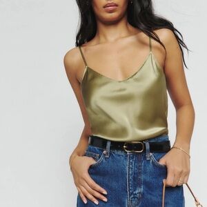 Reformation Teddy Silk Top - olive oil, Size Medium